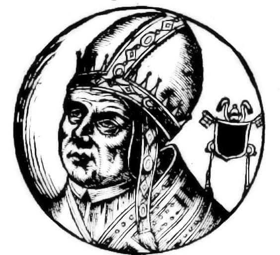 Papa Silvestro II, disegno tratto da Bartolomeo Sacchi detto il Platina, Vite De' Pontefici, a cura di Onofrio Panvinio, per i tipografi Turrini, e Brigonci, Venezia 1663