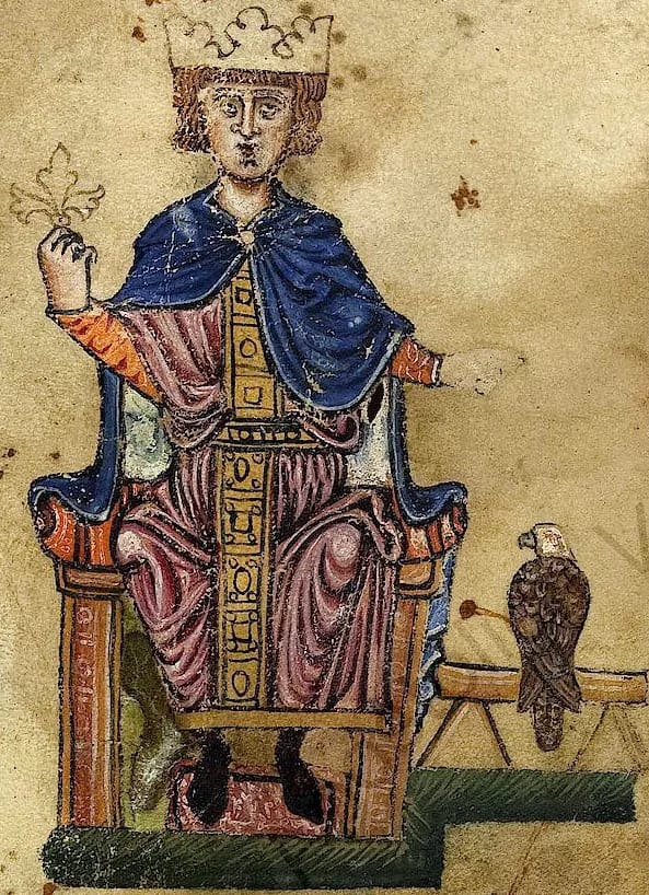 Federico II and his falcon. From his book De arte venandi cum avibus (The art of hunting with birds). From a manuscript in Biblioteca Vaticana, Pal. lat 1071, fol. 1), late 13th century